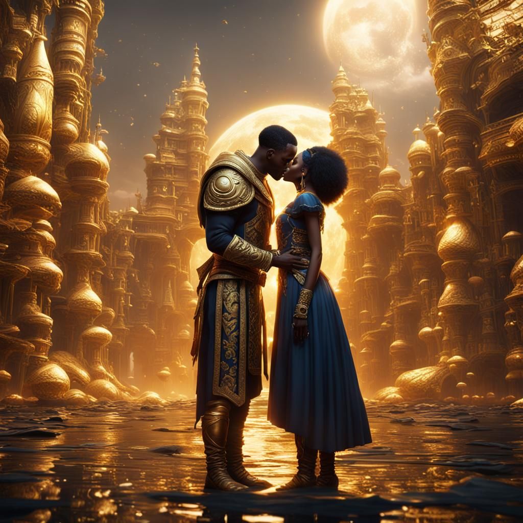 Black Couple Kissing in Golden Kingdom