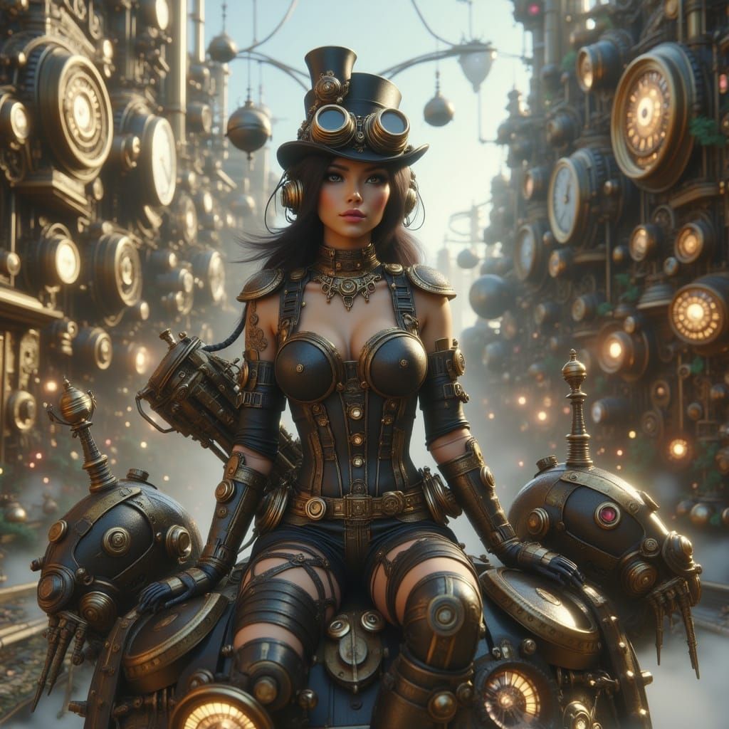 Steampunk Woman on Robot in Cityscape