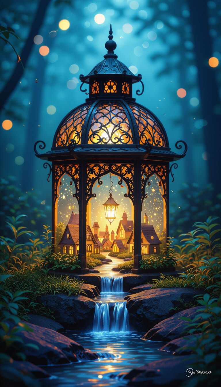 Mystical Lantern Village in Enchanted Forest
