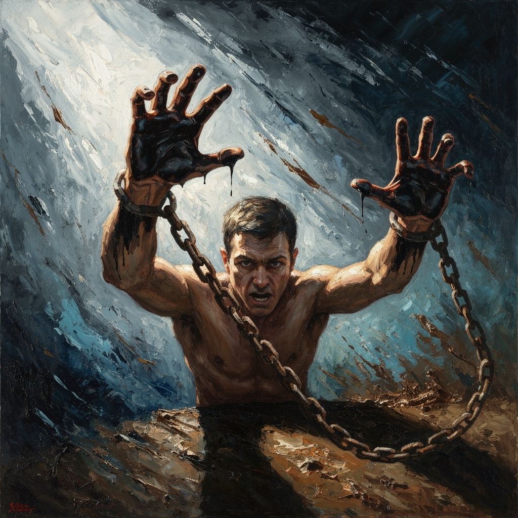 Figure Breaking Chains in Dramatic Expressionistic Style