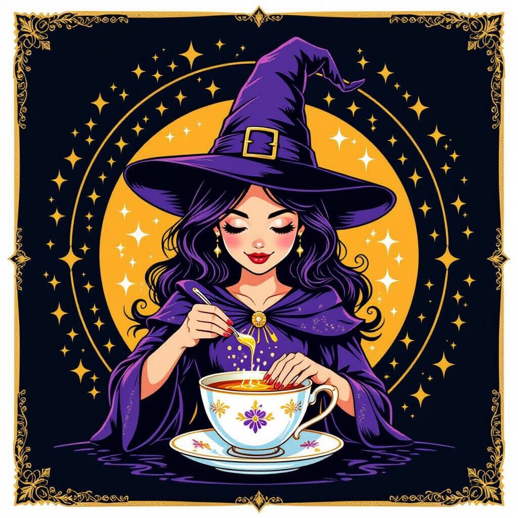 Tiny Witch Brews Potion in Teacup with Golden Sparkles