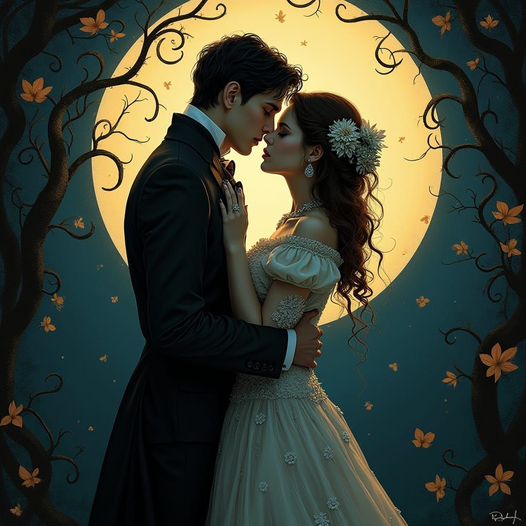 Victorian Couple Embrace in Gothic Romance Style