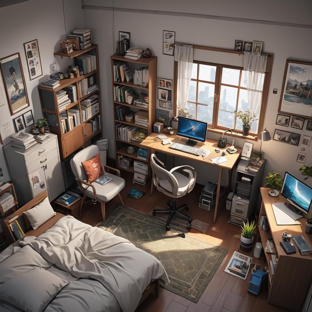 Anime Style 3D Rendering of Small Bedroom