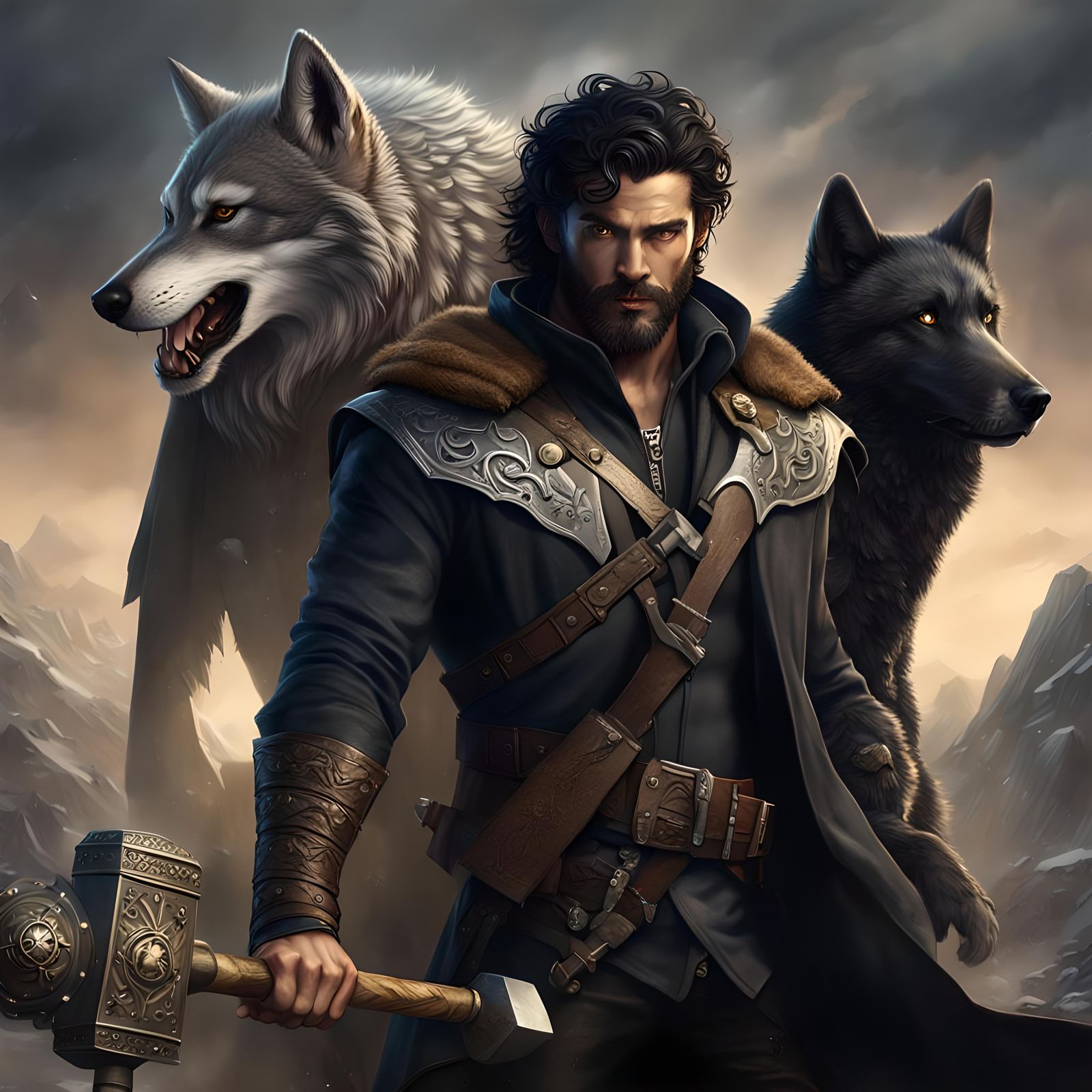 Golden-Eyed Man with Hammer and Wolf, Detailed Matte Paintin...