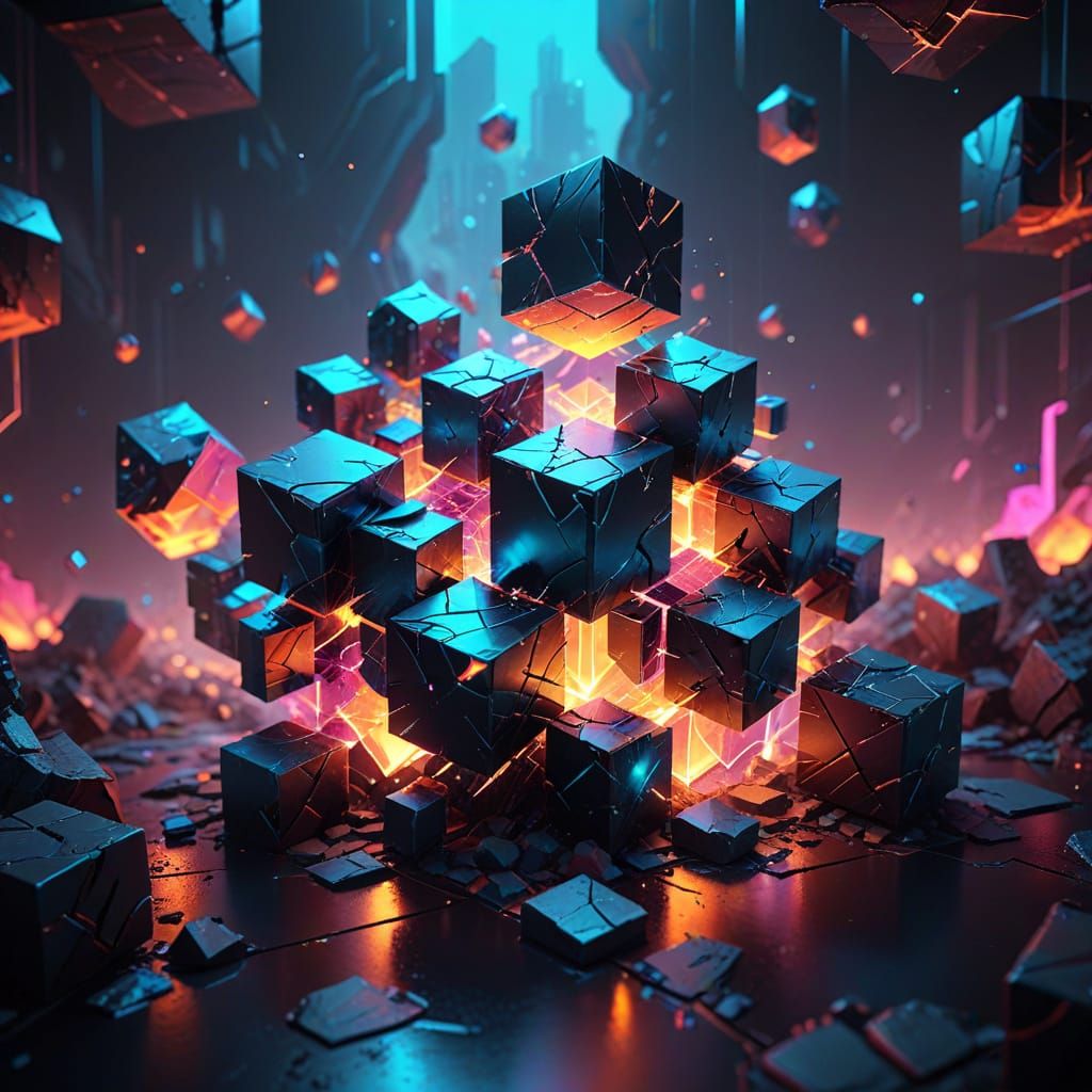 Geometric Landscape of Glowing Cubes and Shadows in Sci-Fi S...