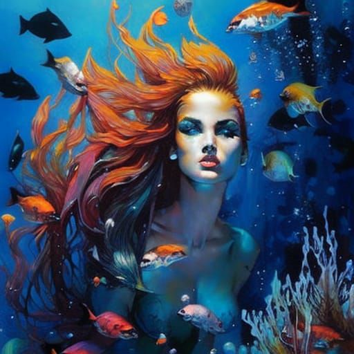 Pin-Up Mermaid with Tropical Fish, Oil Painting