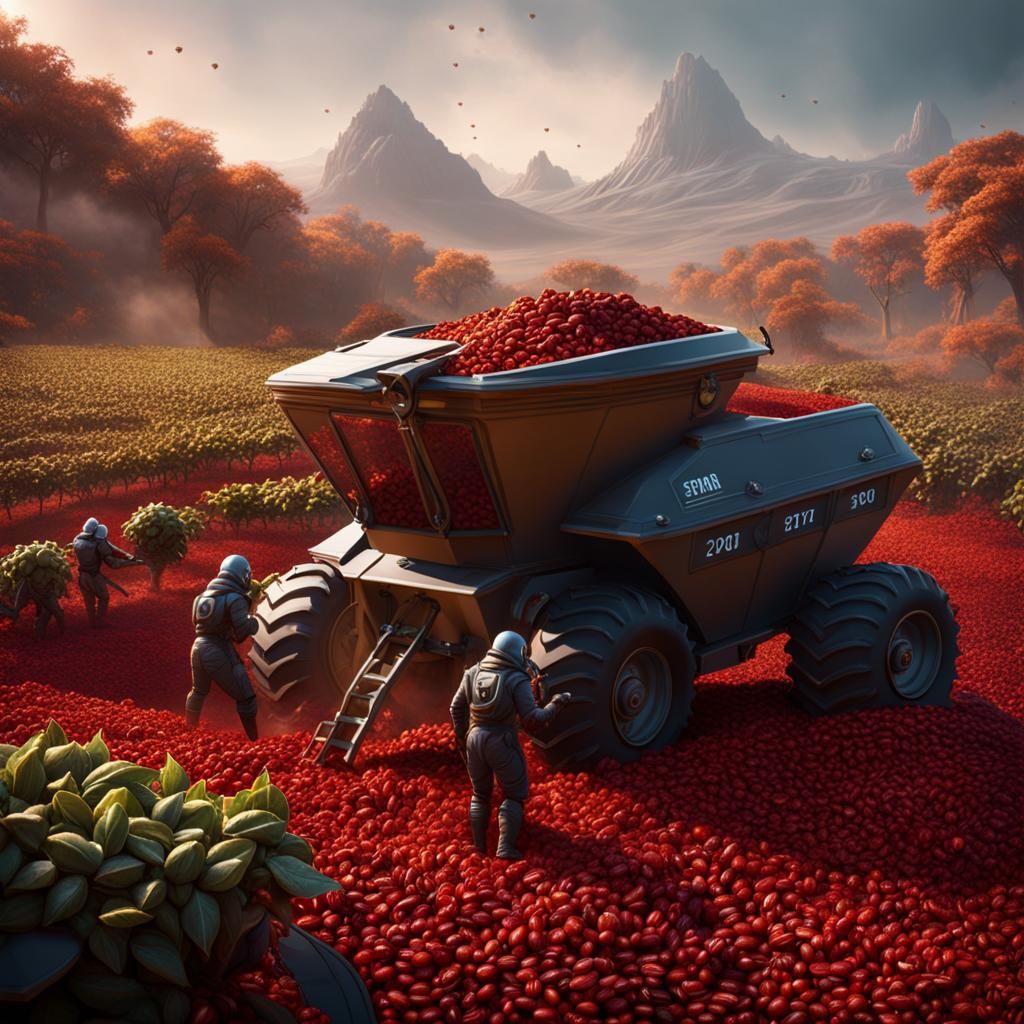 Martians Harvesting Coffee Beans in Matte Painting Style