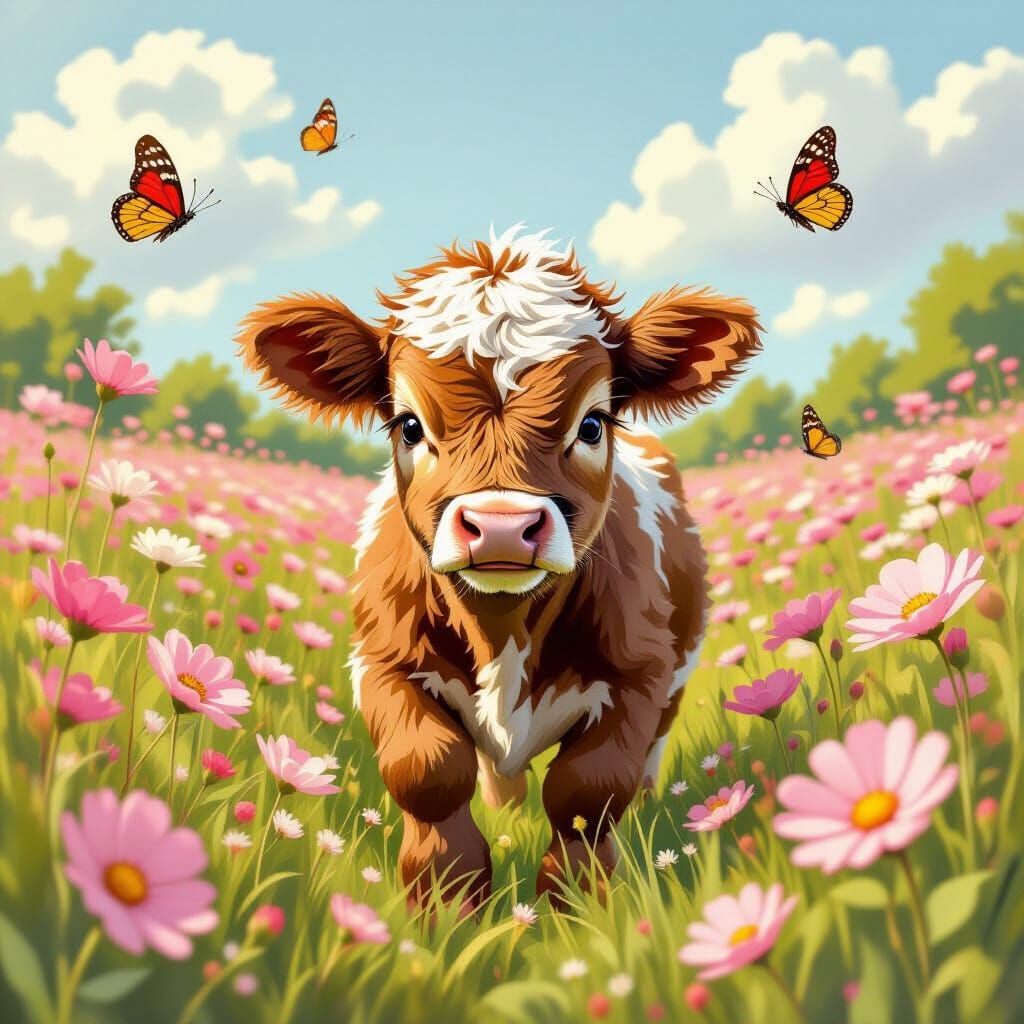 Fluffy Calf in Flower Field, Whimsical Realism