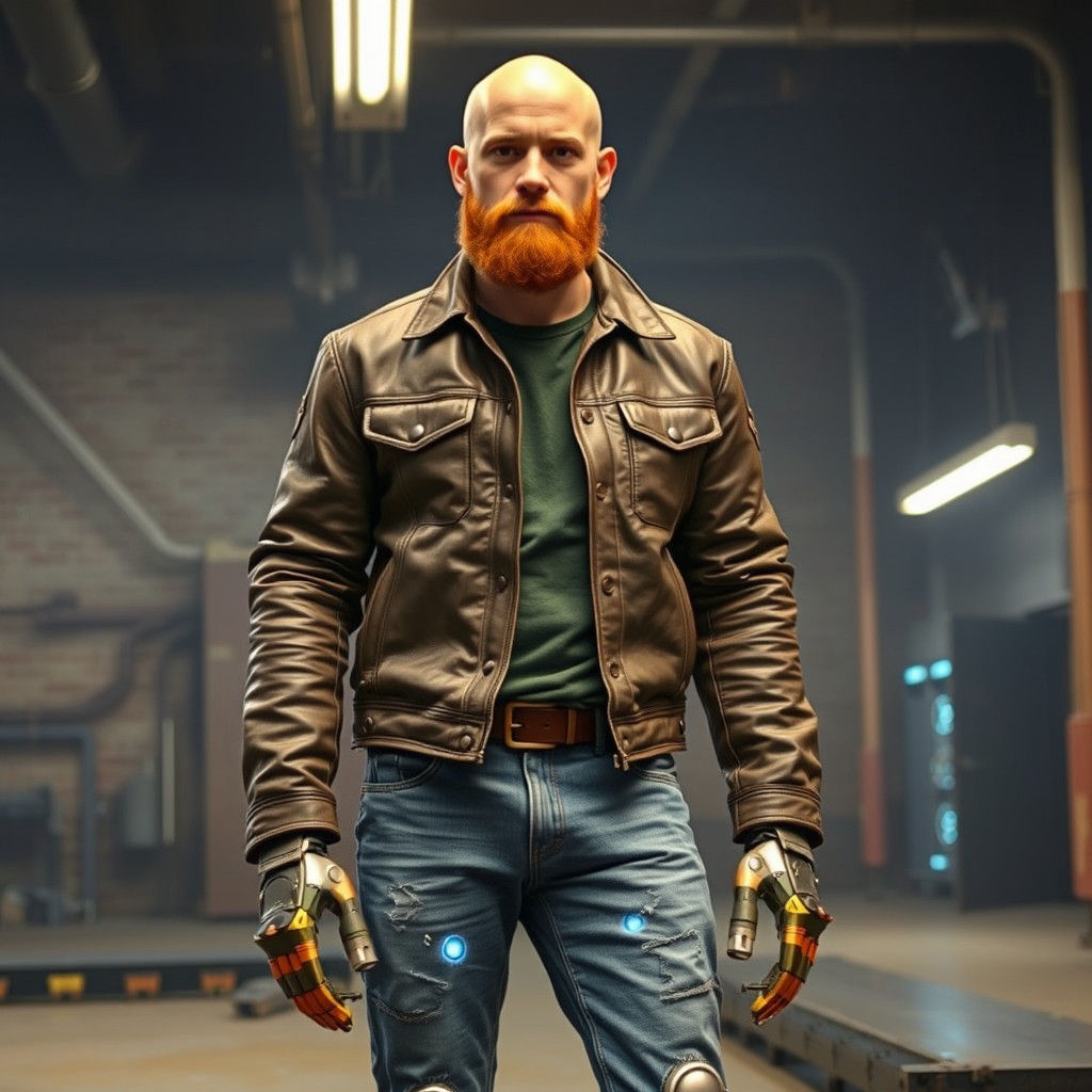 Cyborg Man with Robot Legs in Industrial Setting