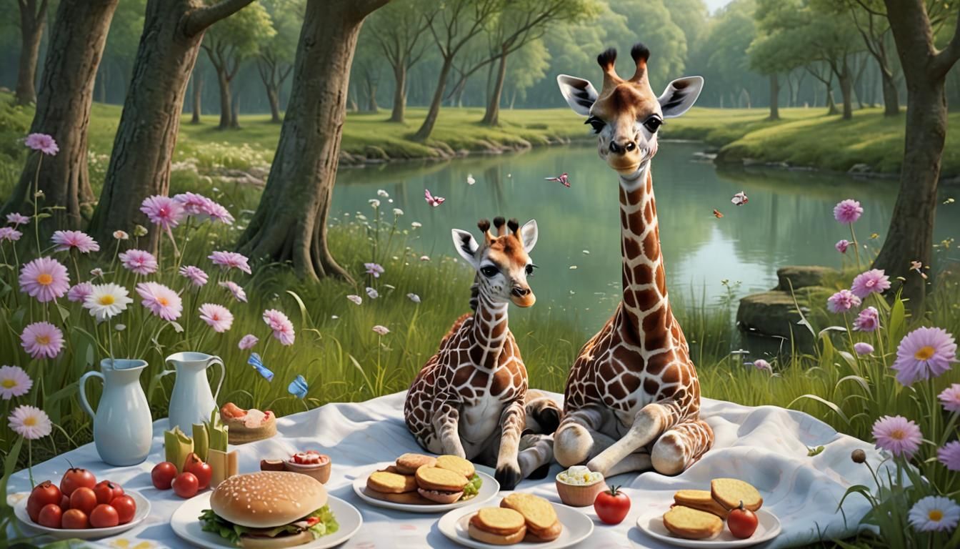 Whimsical Giraffe Cub Picnic, Nicoletta Ceccoli Style