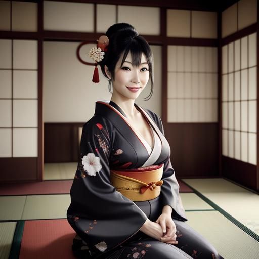 Japanese Woman in Red Kimono Portrait