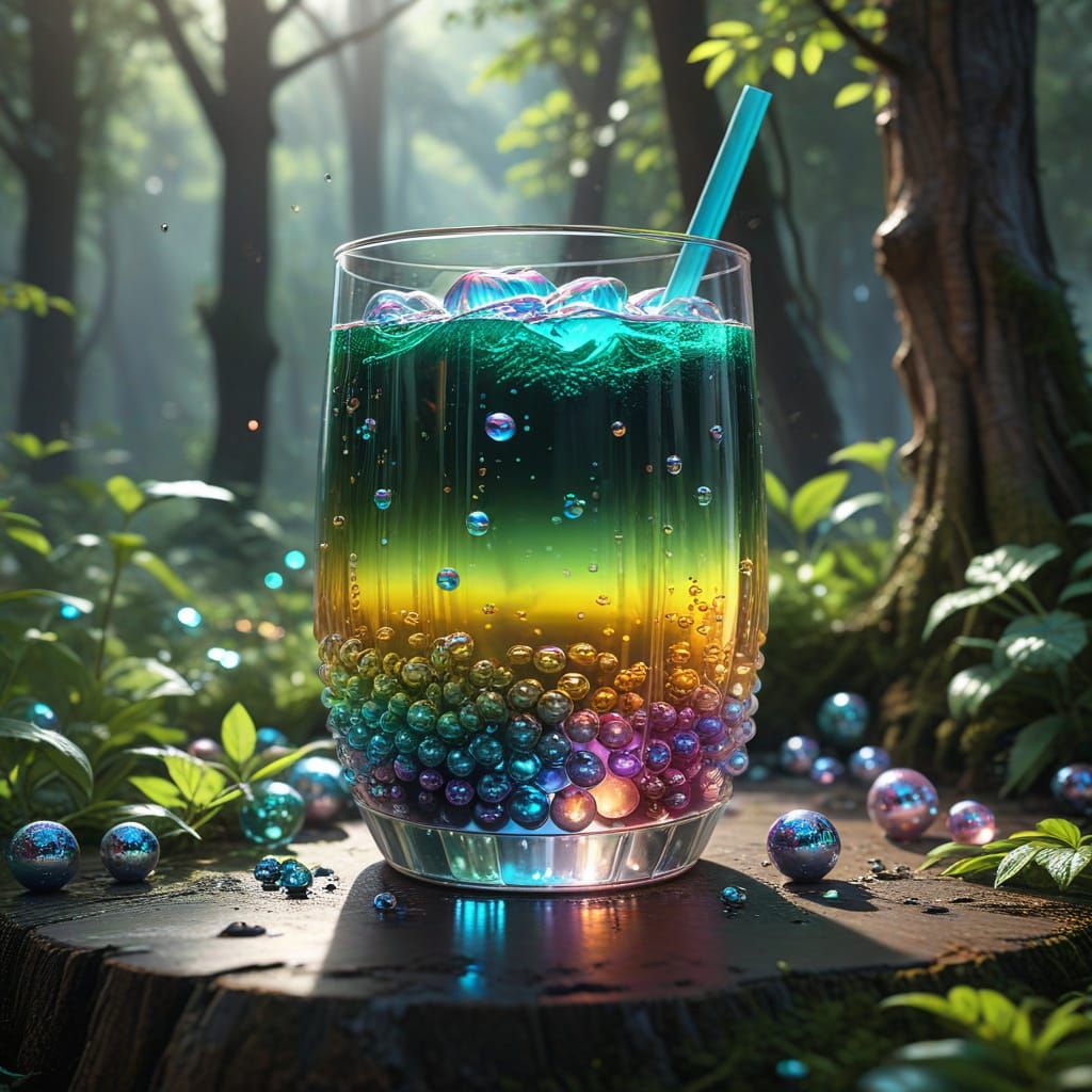 Iridescent Bubble Tea in Forest Glade: 3D Anime Art