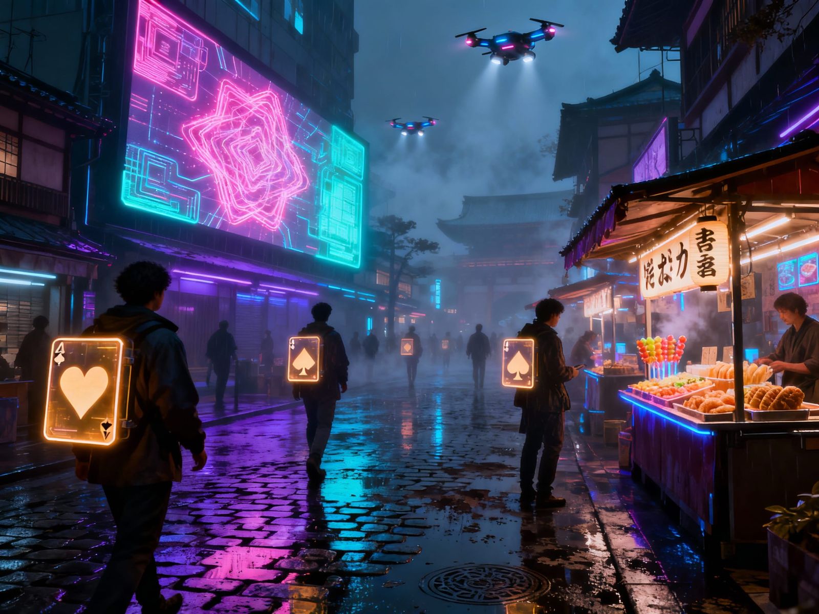 Neo-Kyoto 2100: Futuristic Street Scene with Holograms