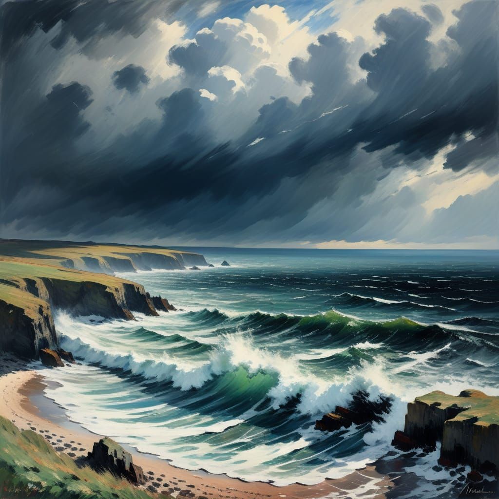 Stormy Coastline Seascape in Impressionist Style