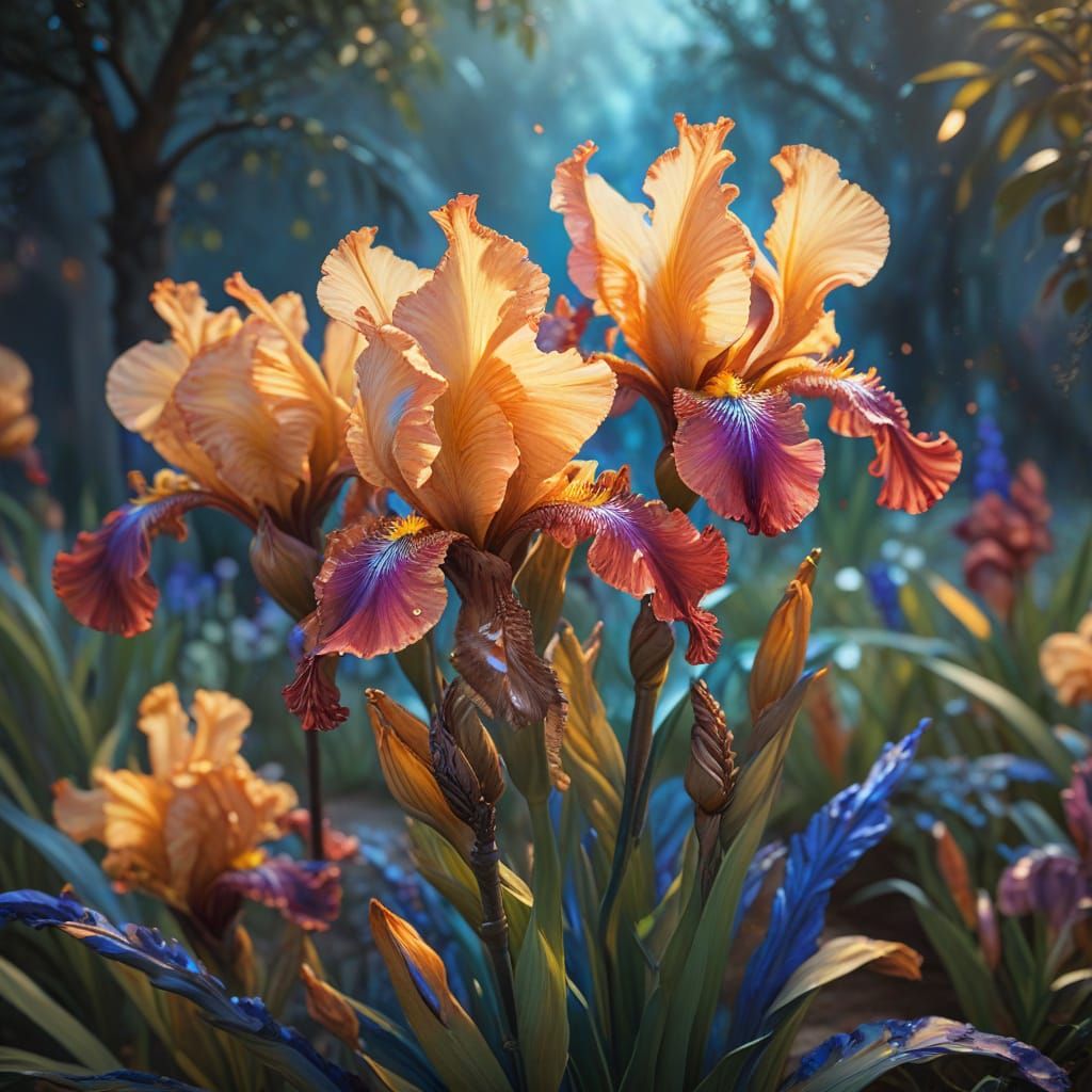 Surreal Red Bearded Iris Blooms in Mystical Garden