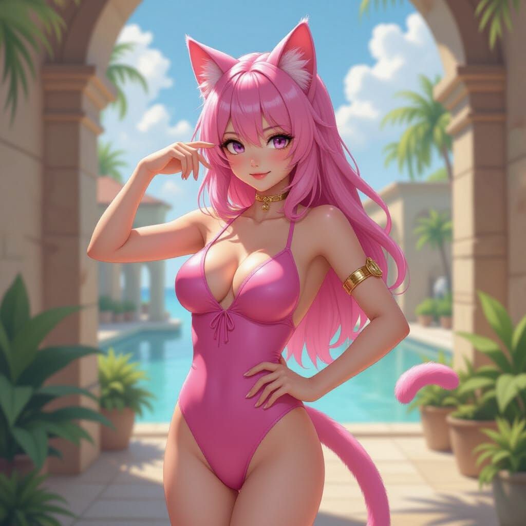 Pink Egyptian Cat-Girl in Anime Style