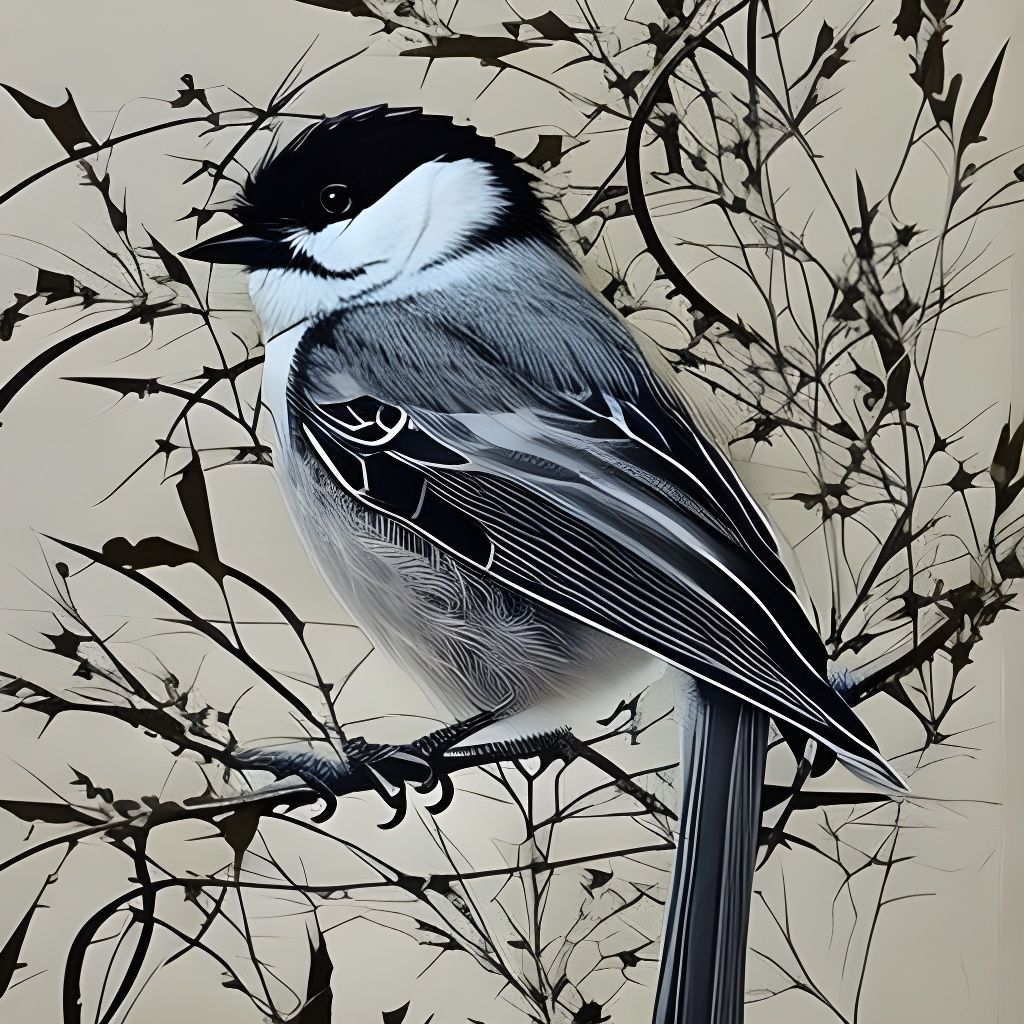 Stylized White Ink Chickadees in Monochromatic Gouache