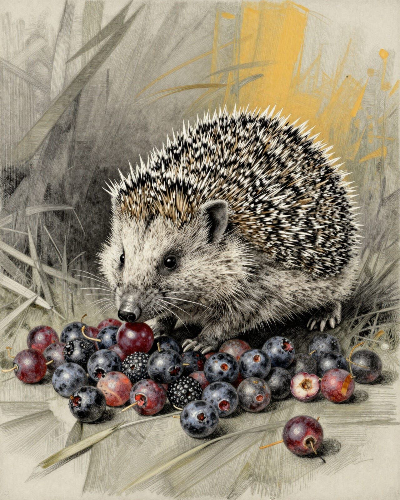 Hedgehog Celebrates Berries in Hyperdetailed Charcoal Style