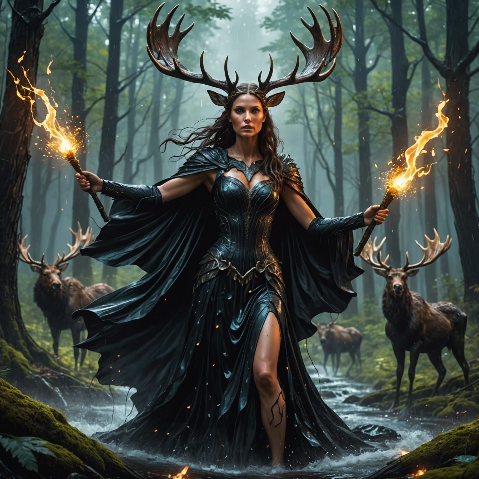 Fairies and Moose Battle in a Dark Forest