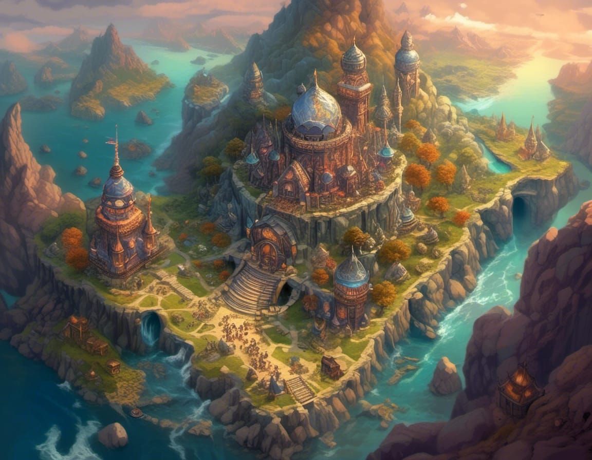 High Gothic Kingdom at Night in Isometric View