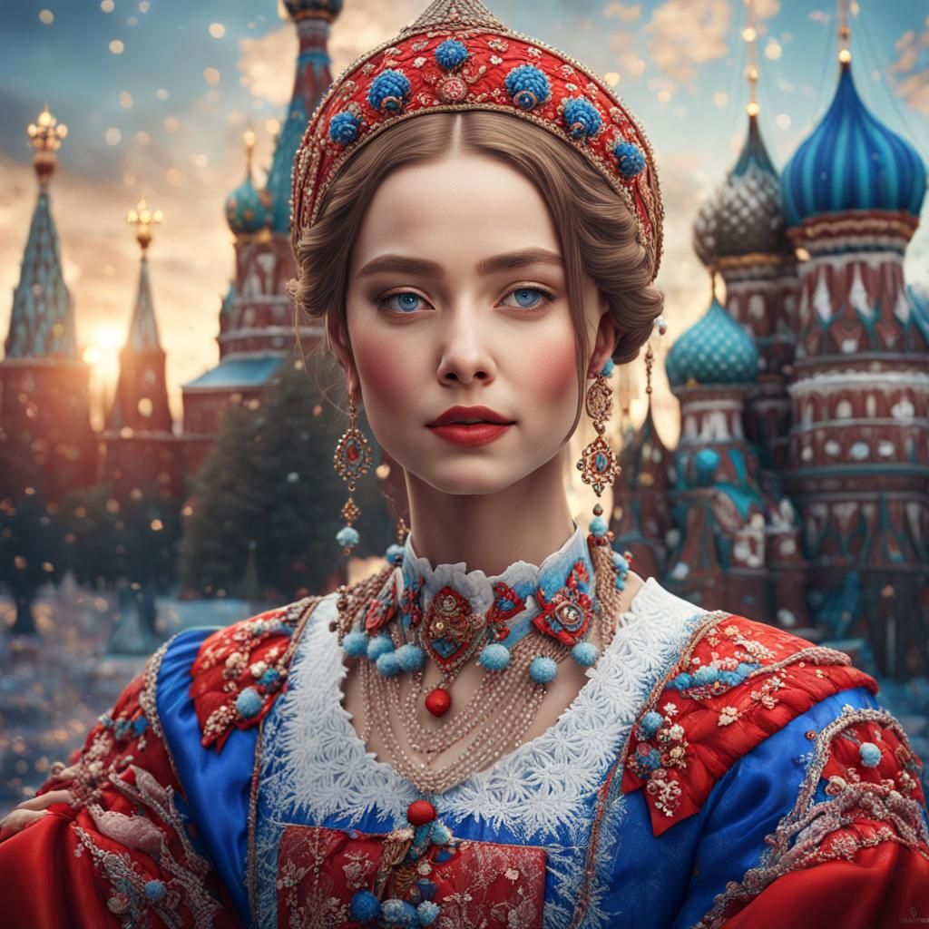 Russian Model in Traditional Dress, Oil Painting