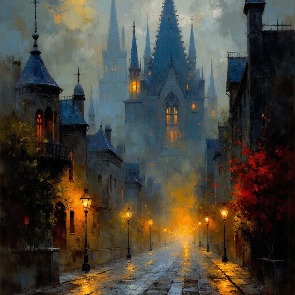 Neo-Gothic Cityscape Under Dark Skies