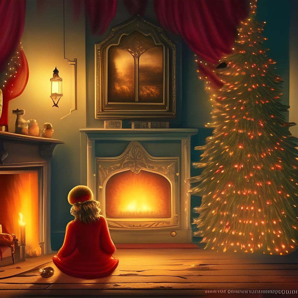 Cozy Christmas Living Room with Girl and Teddy Bear