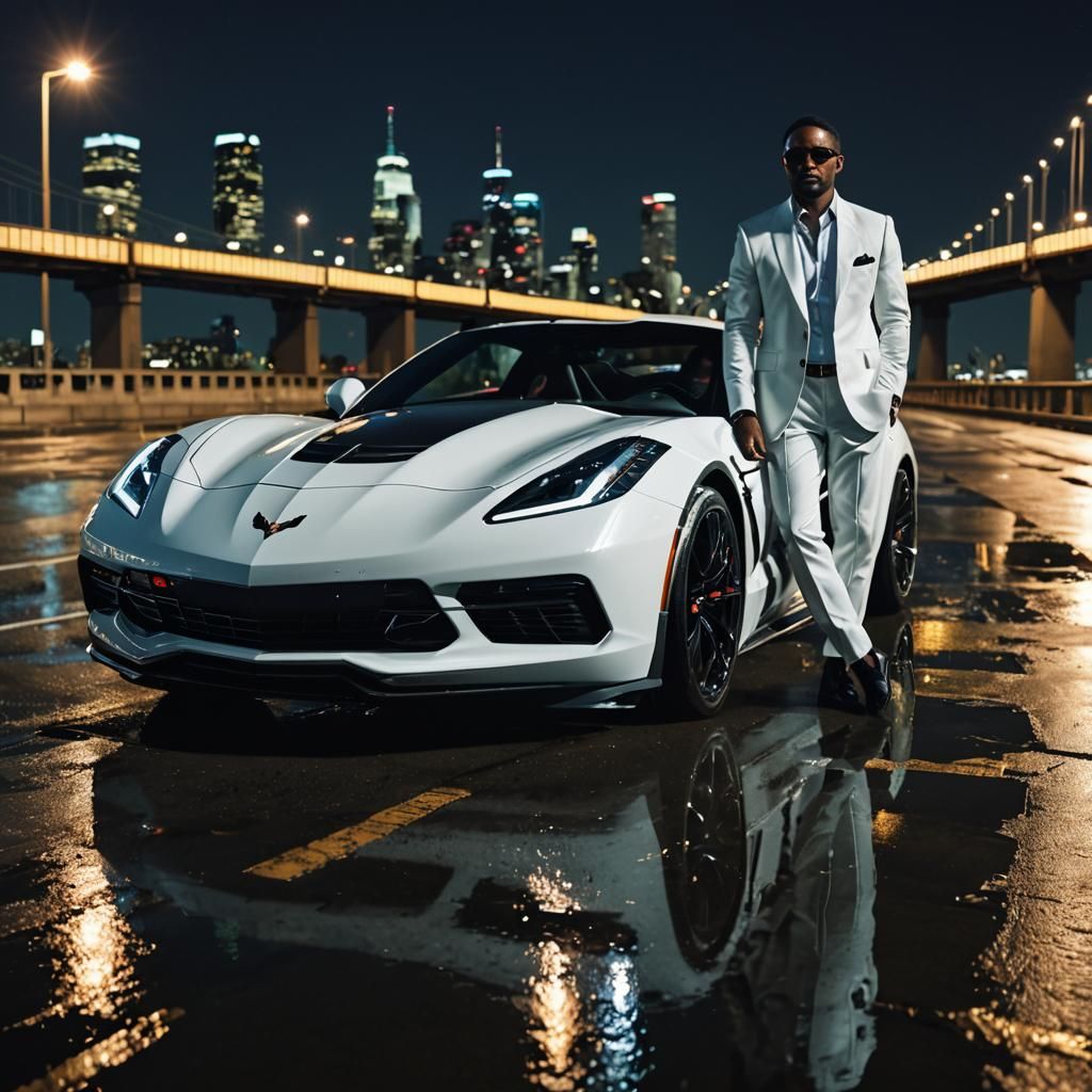 Night Drive: Man in White Suit in Corvette
