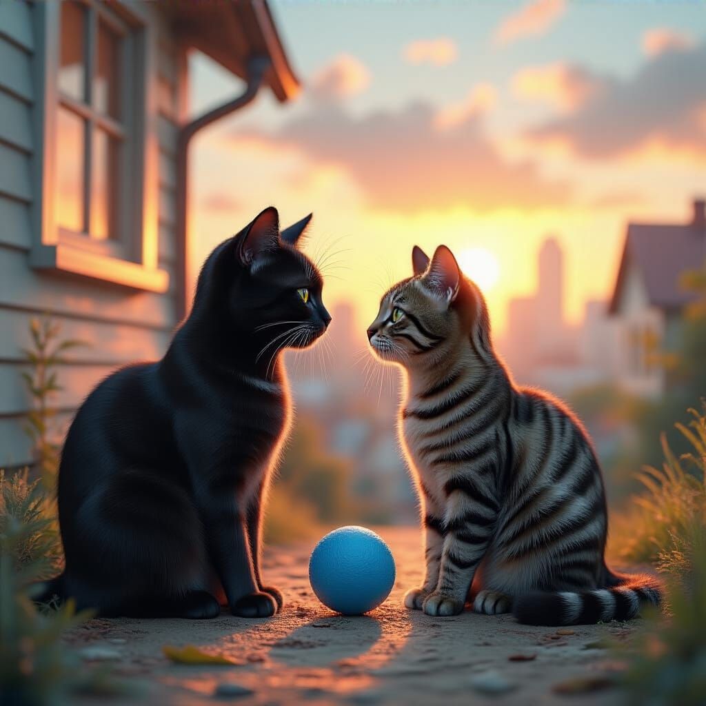 Cats Sharing Toy at Sunset, Matte Painting Style