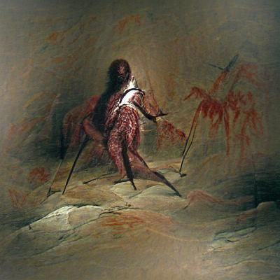 Cave Painting: Man with Spear in Horror Style