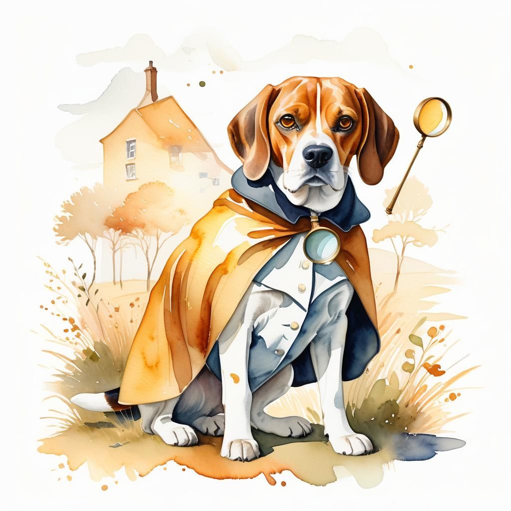 Beagle Dog Detective in Watercolor Style