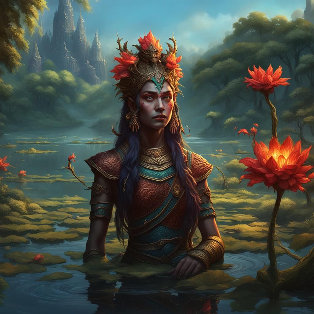 Woman with Naga King in Dark Fantasy Style