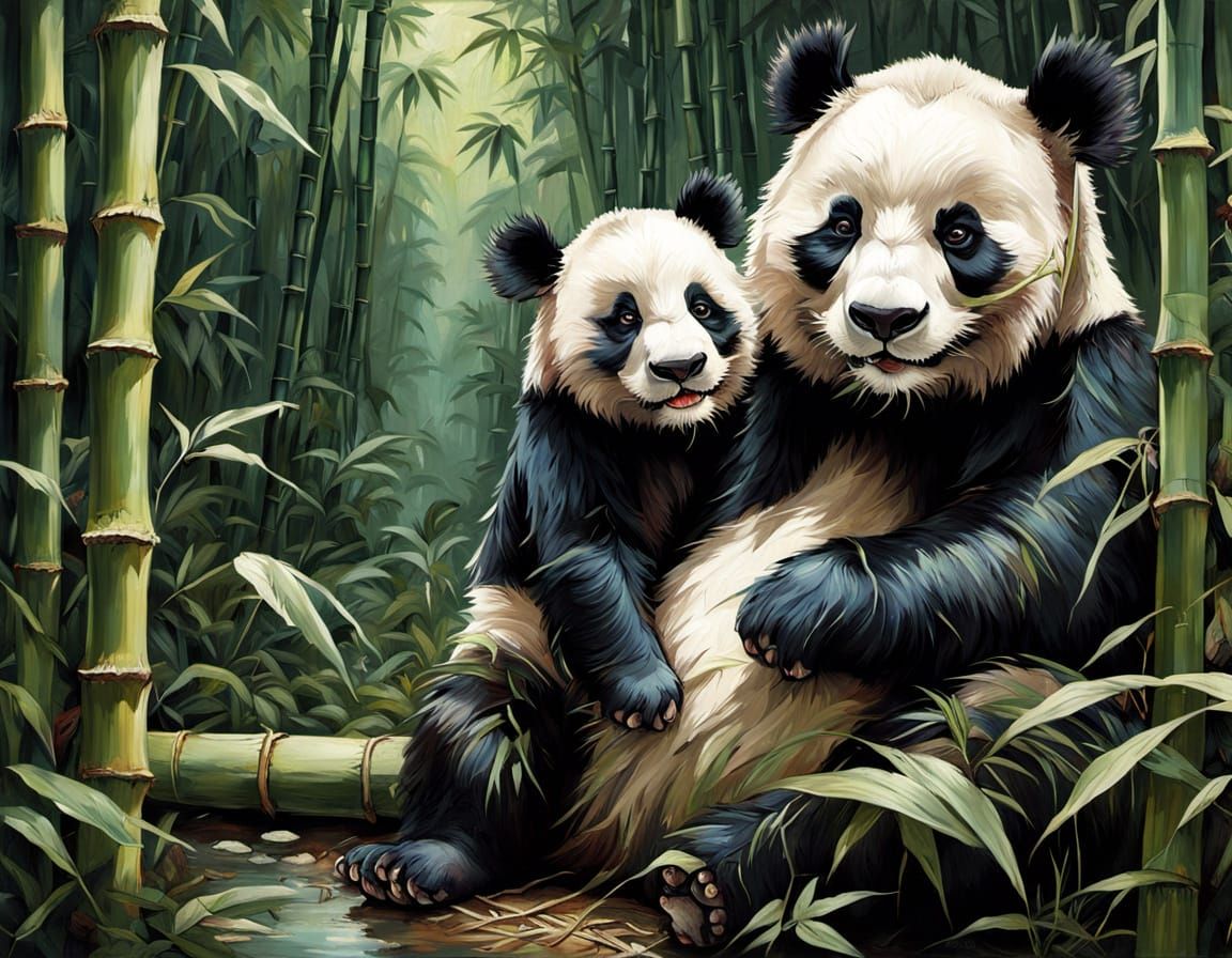 Panda and Cub in Bamboo Forest Oil Painting