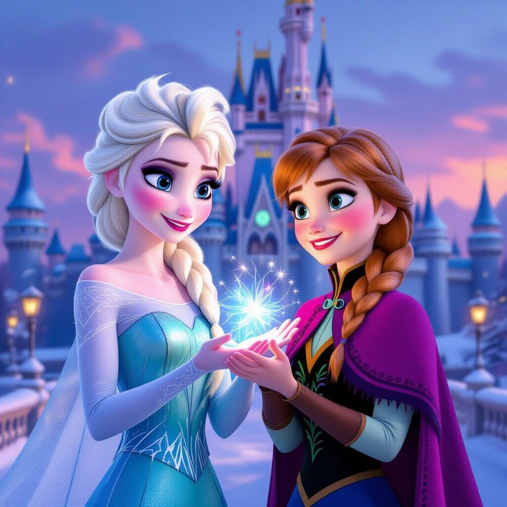 Elsa and Anna in Disney Cartoon Style with Ice Powers