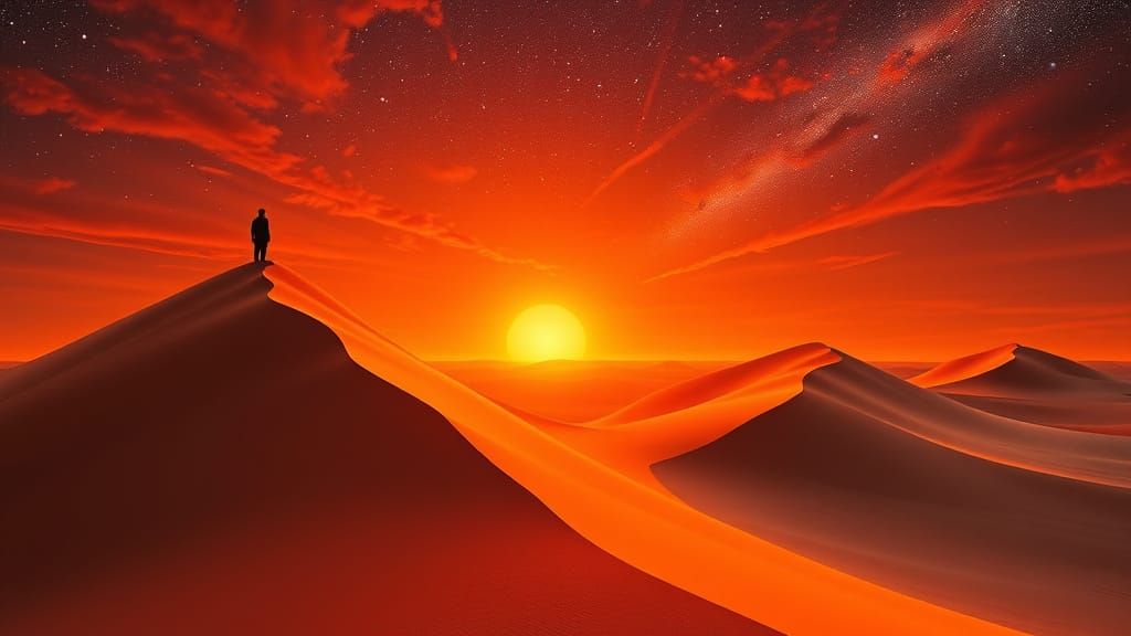 Serene Desert Landscape with Lone Figure in Surreal Style