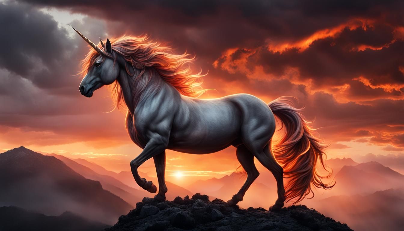 Majestic Fire Unicorn on Mountain Peak at Sunset