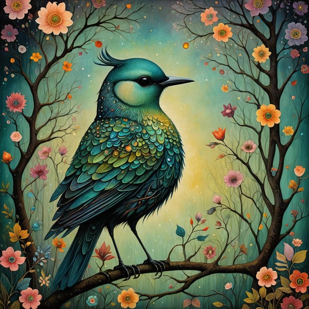 Iridescent Bird in Art Brut Style