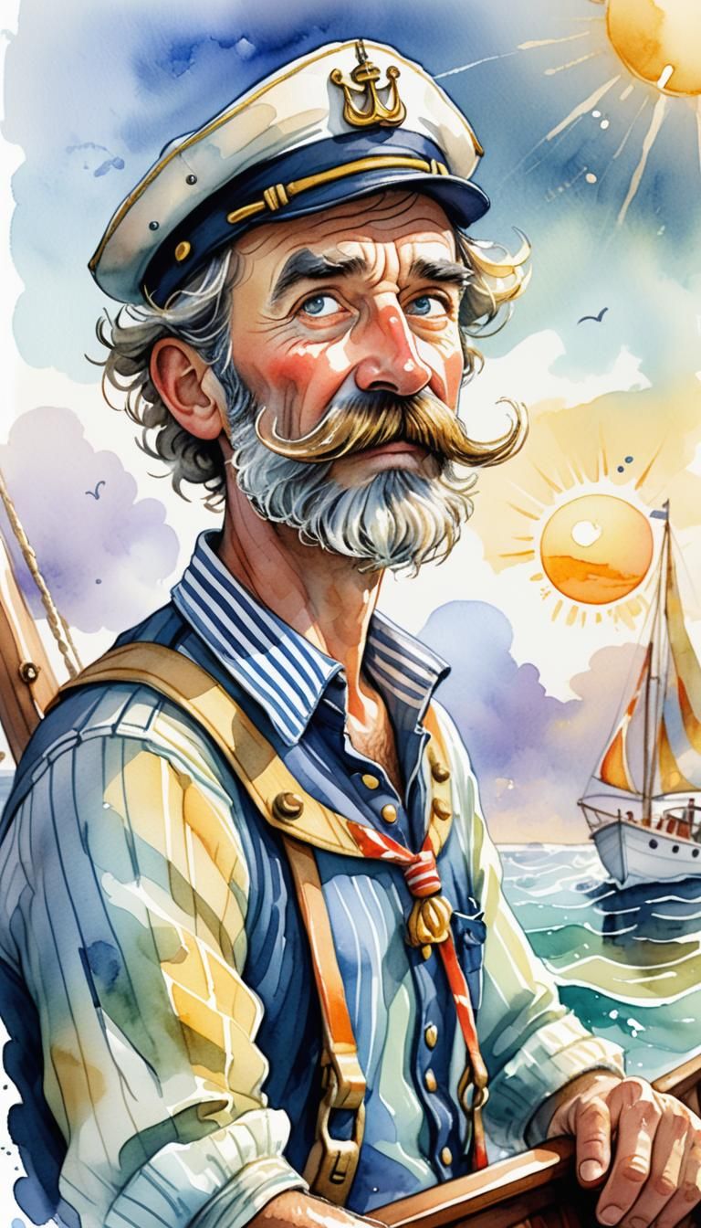 A whimsical, sketch-style illustration of an eccentric and quirky sailor with a bushy moustache and striped shirt, strug...