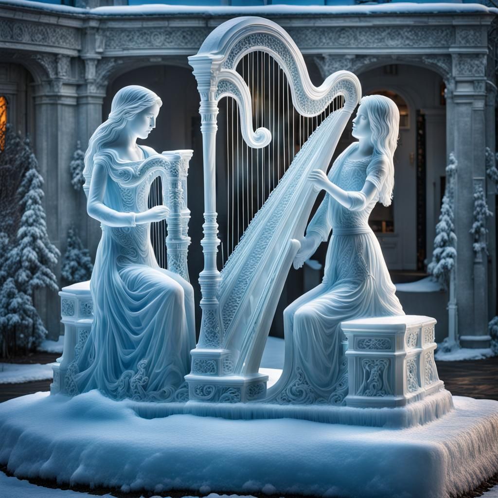 Icesculpture of Girls Playing Harp and Hurdy Gurdy