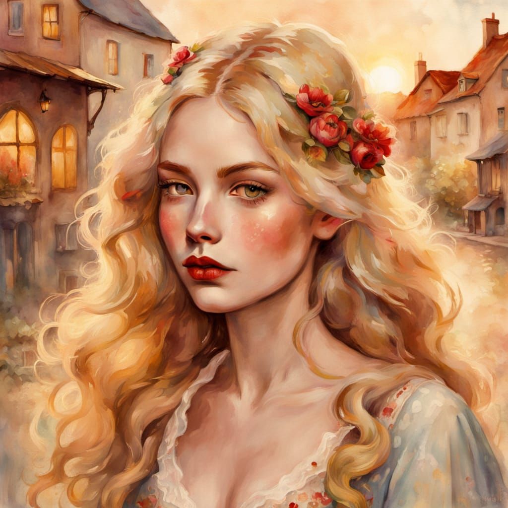 Fair Maid Portrait in Watercolor Folk Art Style