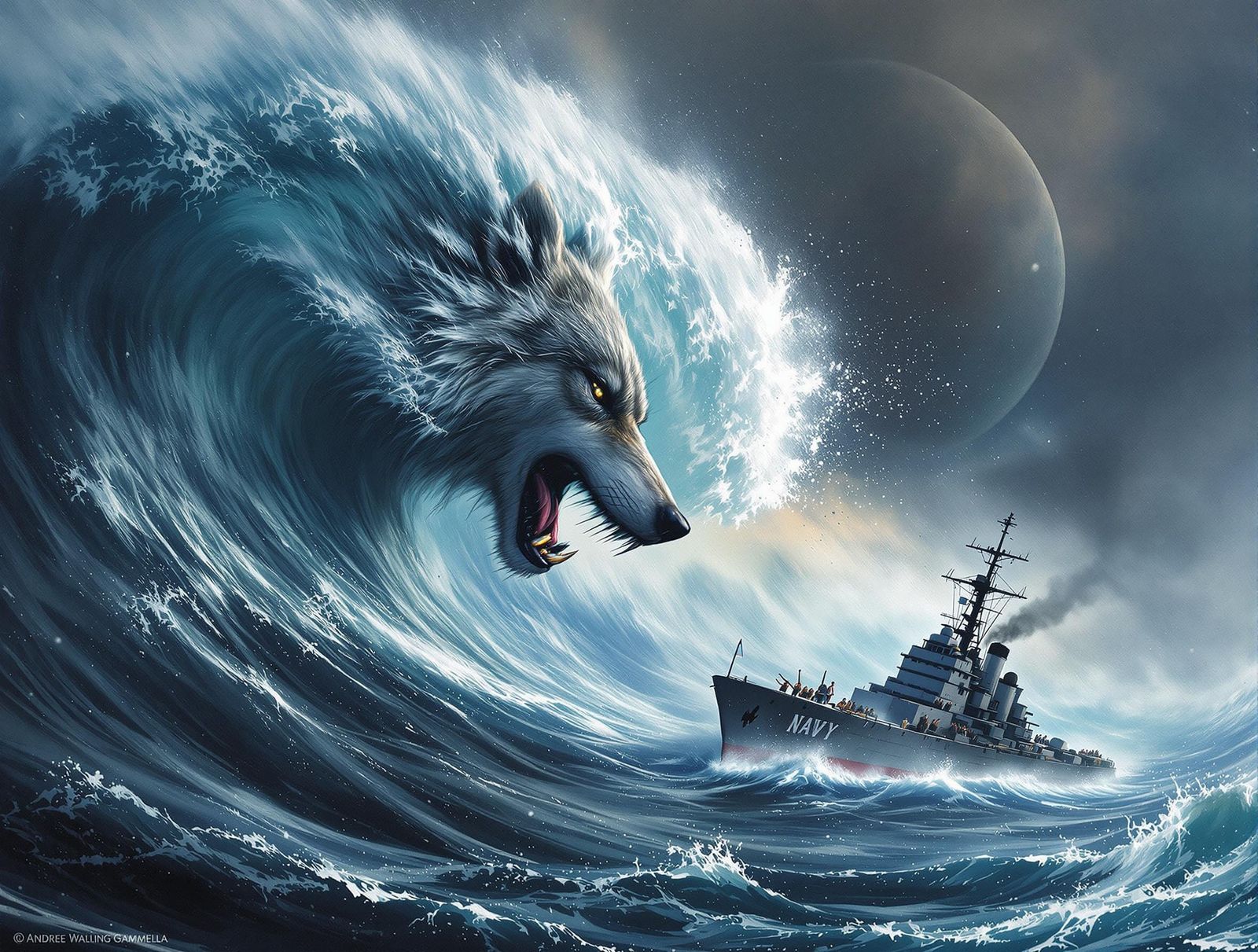 Wolf Wave Crashing on Destroyer: Hyperdetailed Digital Art