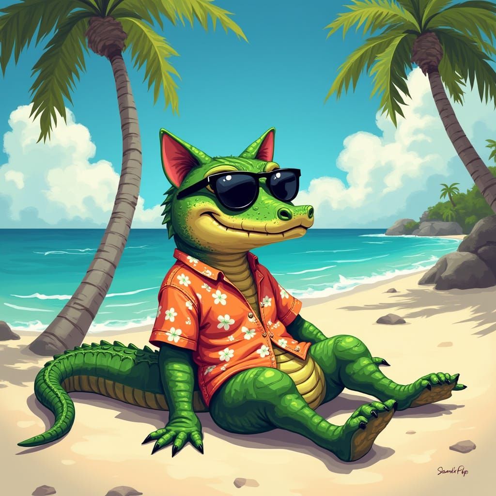 Cat-Gator Beach Scene in Vibrant, Expressive Style