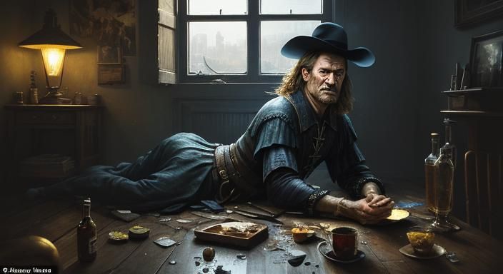 Drunk Man on Floor as Oil Painting