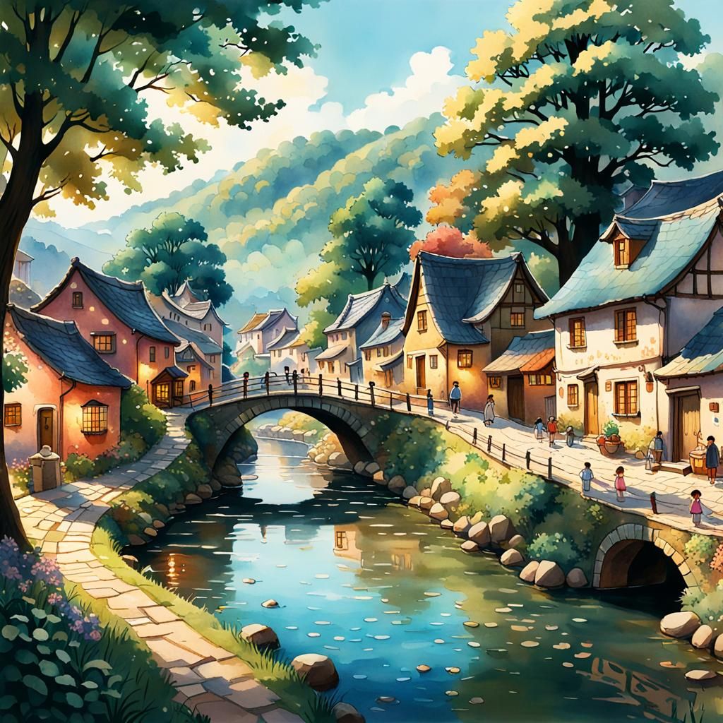 Quaint Riverside Village in Watercolor Splash Art