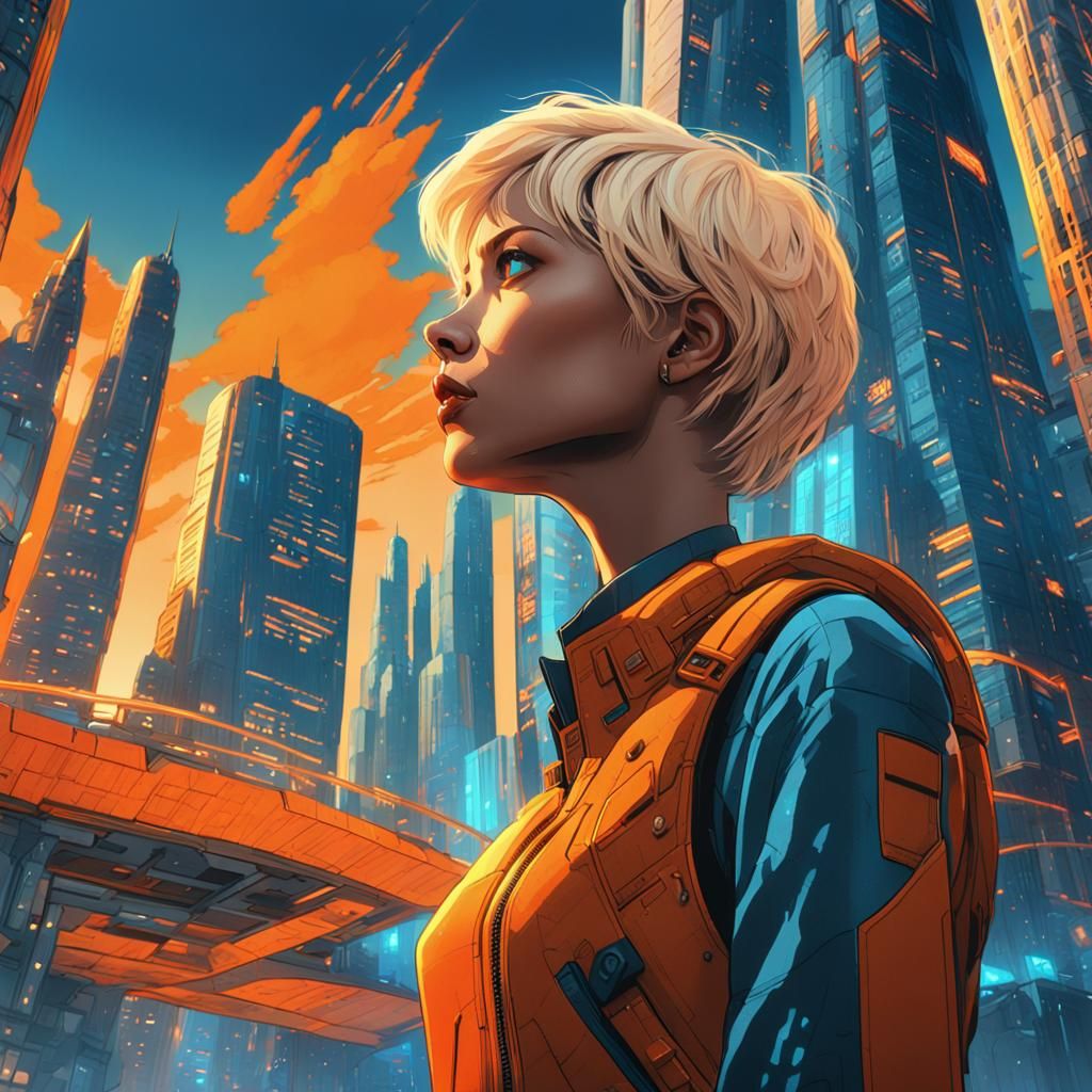 Retro-Futuristic Woman Gazing at City Skyscraper