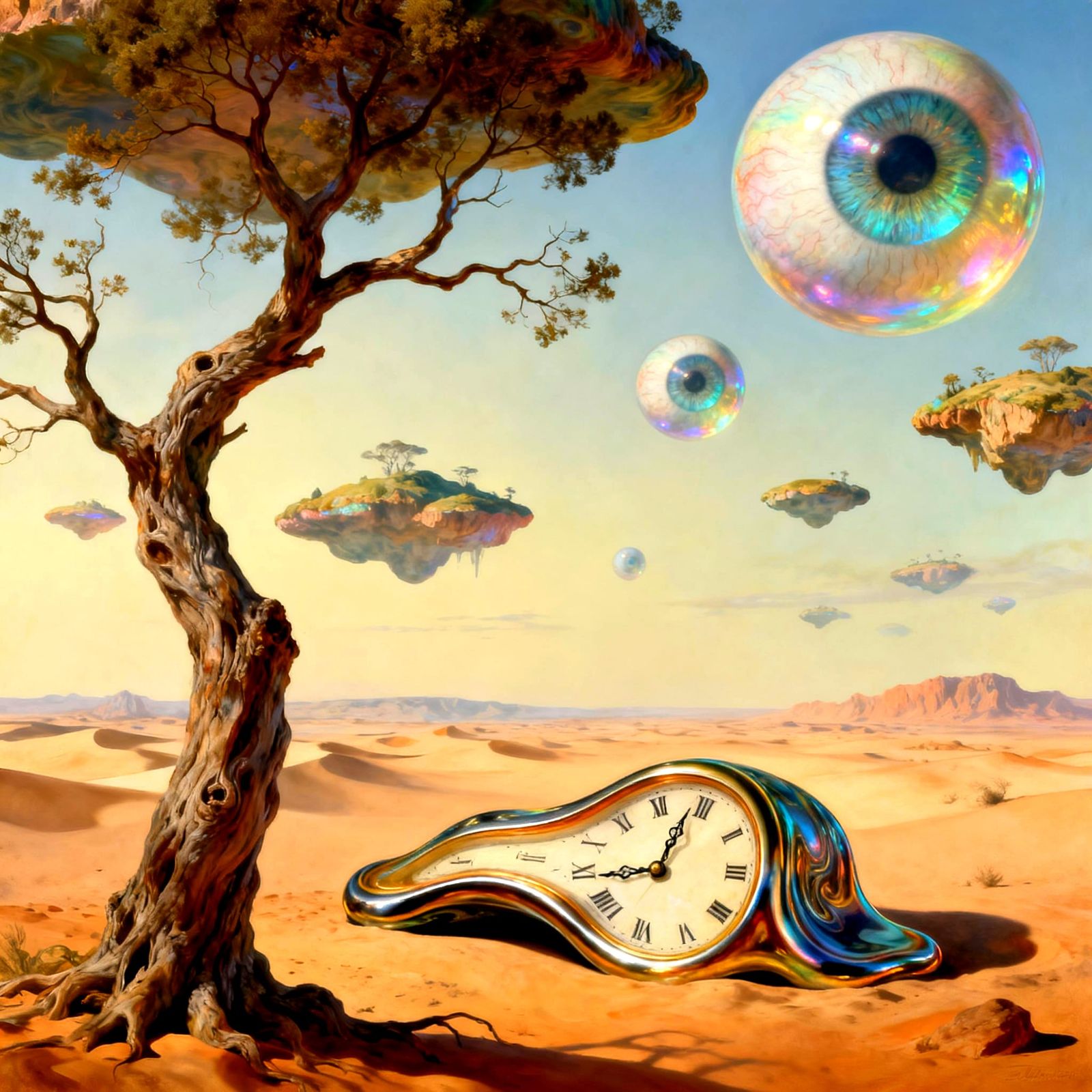 Surreal Melting Clock and Eyeball Sky Islands