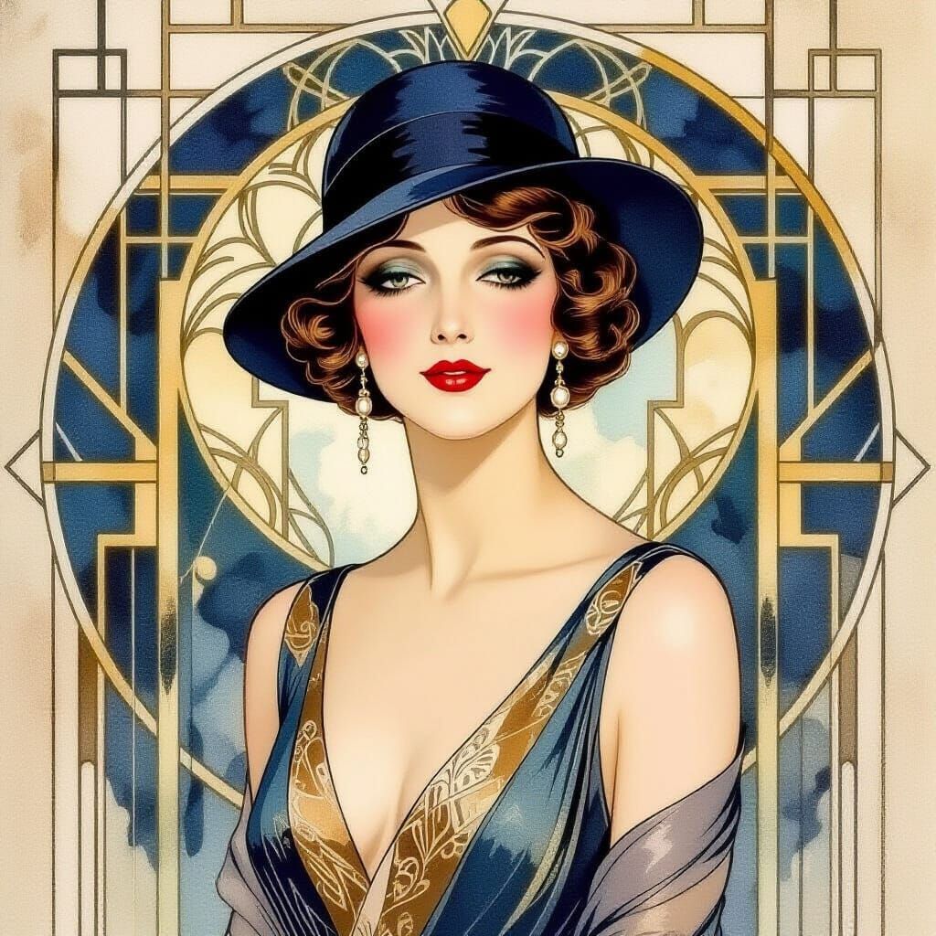 Glamorous 1920s Woman in Flowing Watercolor Art Deco Style