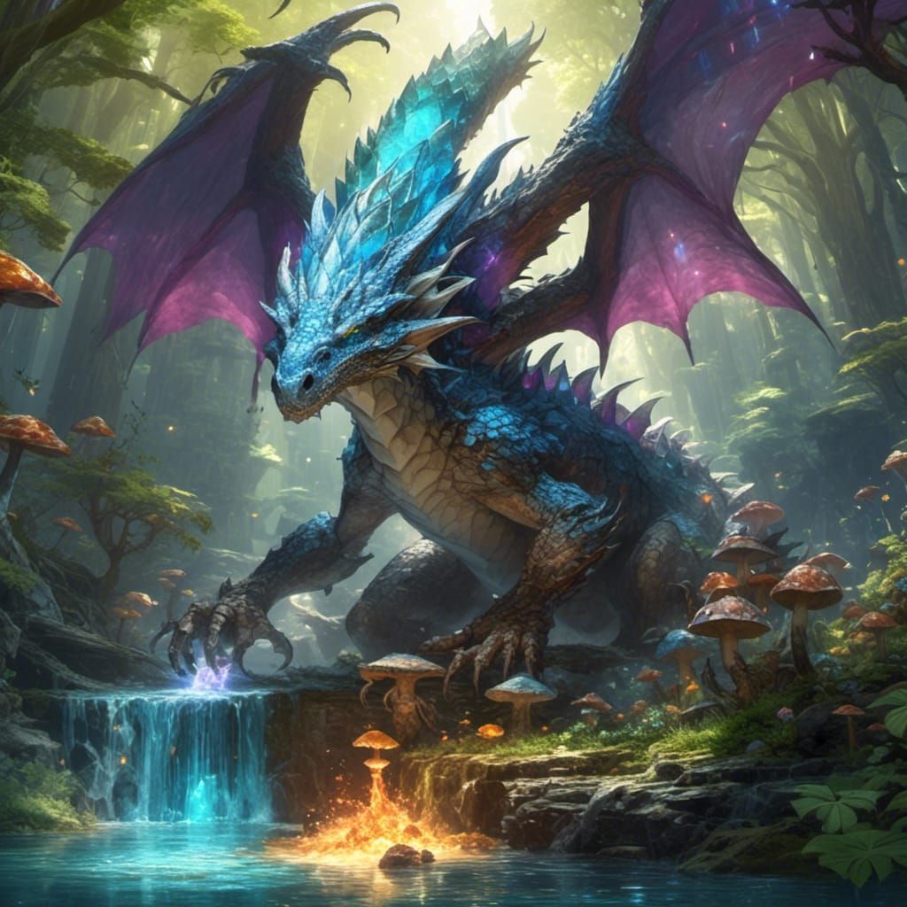 Elemental Dragon with Crystals and Mushrooms