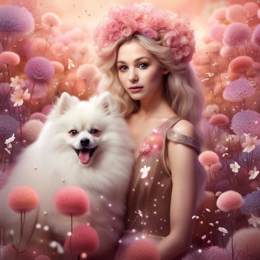 Fantasy Woman with Pomeranians in Glitter Flower Field