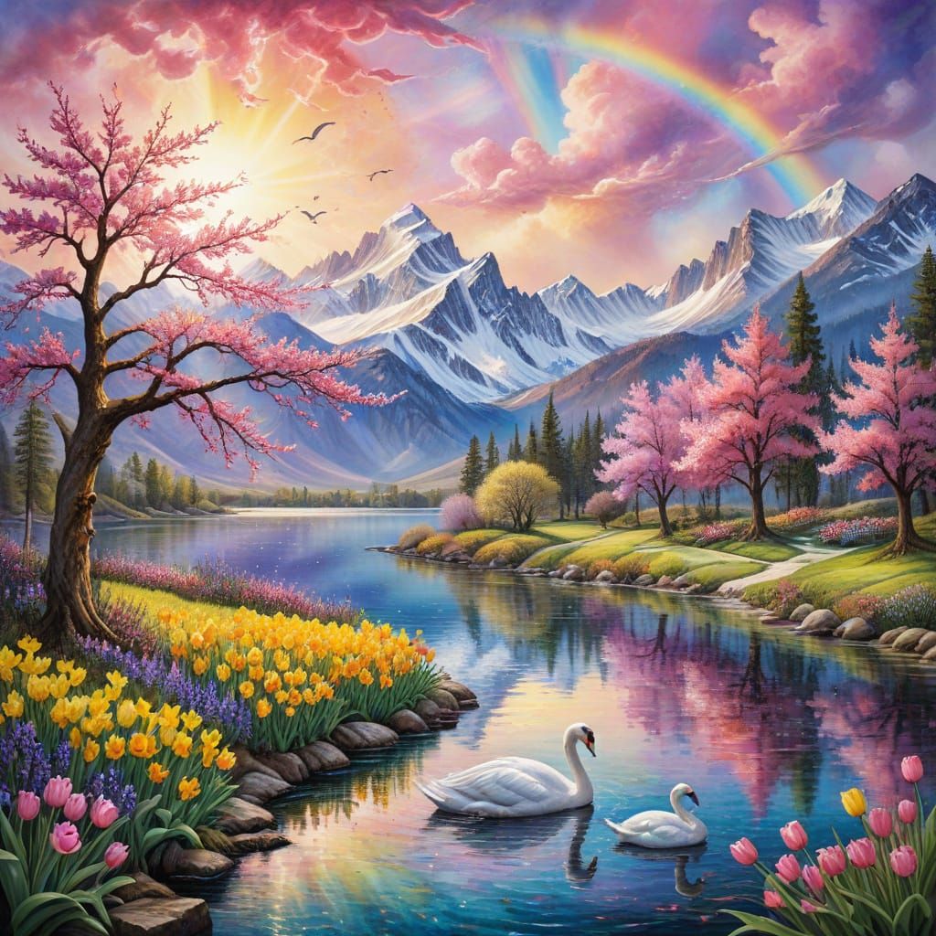 Springtime Paradise with Cherry Blossoms and Rainbow